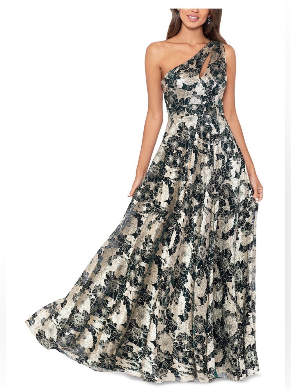 Betsy & Adam Womens Green Gold Floral A-Line Long Evening Gown NWT. SZ 6.